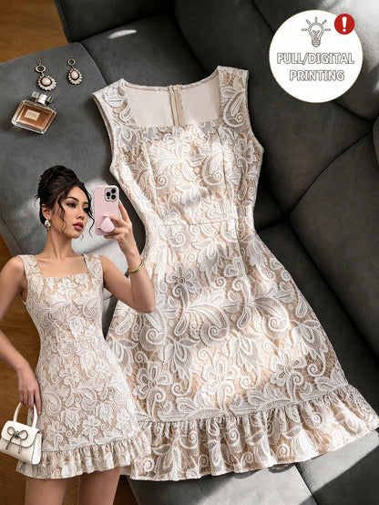 Franclia White Lace 3D Printed Square Neck Elegant Dress, Comfortable Slimming Fit For Daily Commute And Work, 2026 Summer New Women's Sleeveless Cocktail Party Dinner Dress, White Lace Sleevele
