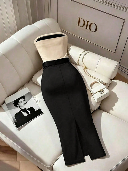 Franclia Women's Black And White Color Block Strapless Slim Fit Flattering Dress, Elegant Bandage, Casual, Commute Dinner Date Party, Wedding, Summer