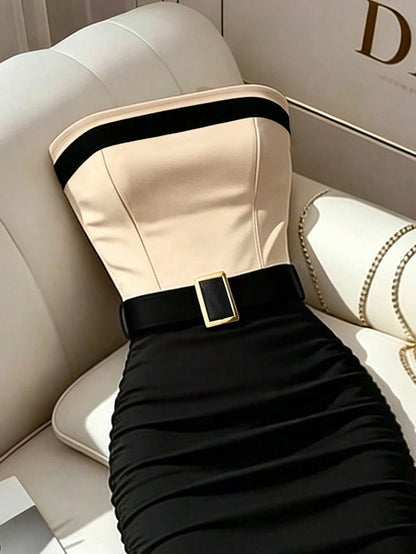 Franclia Women's Black And White Color Block Strapless Slim Fit Flattering Dress, Elegant Bandage, Casual, Commute Dinner Date Party, Wedding, Summer