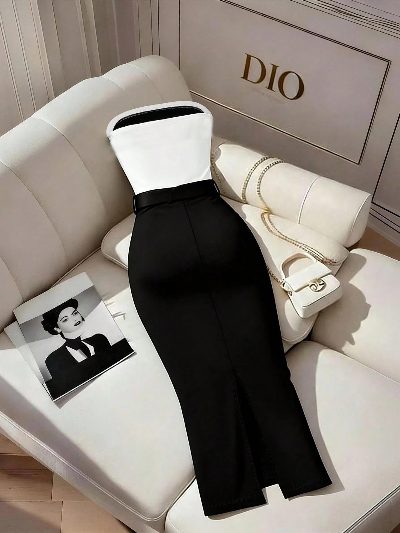 Franclia Women's Black And White Color Block Strapless Slim Fit Flattering Dress, Elegant Bandage, Casual, Commute Dinner Date Party, Wedding, Summer