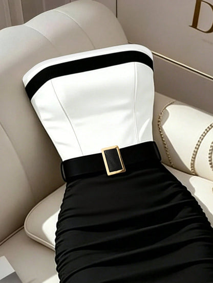 Franclia Women's Black And White Color Block Strapless Slim Fit Flattering Dress, Elegant Bandage, Casual, Commute Dinner Date Party, Wedding, Summer