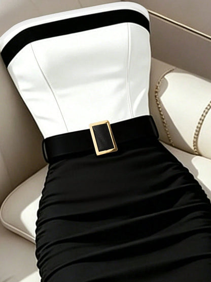 Franclia Women's Black And White Color Block Strapless Slim Fit Flattering Dress, Elegant Bandage, Casual, Commute Dinner Date Party, Wedding, Summer