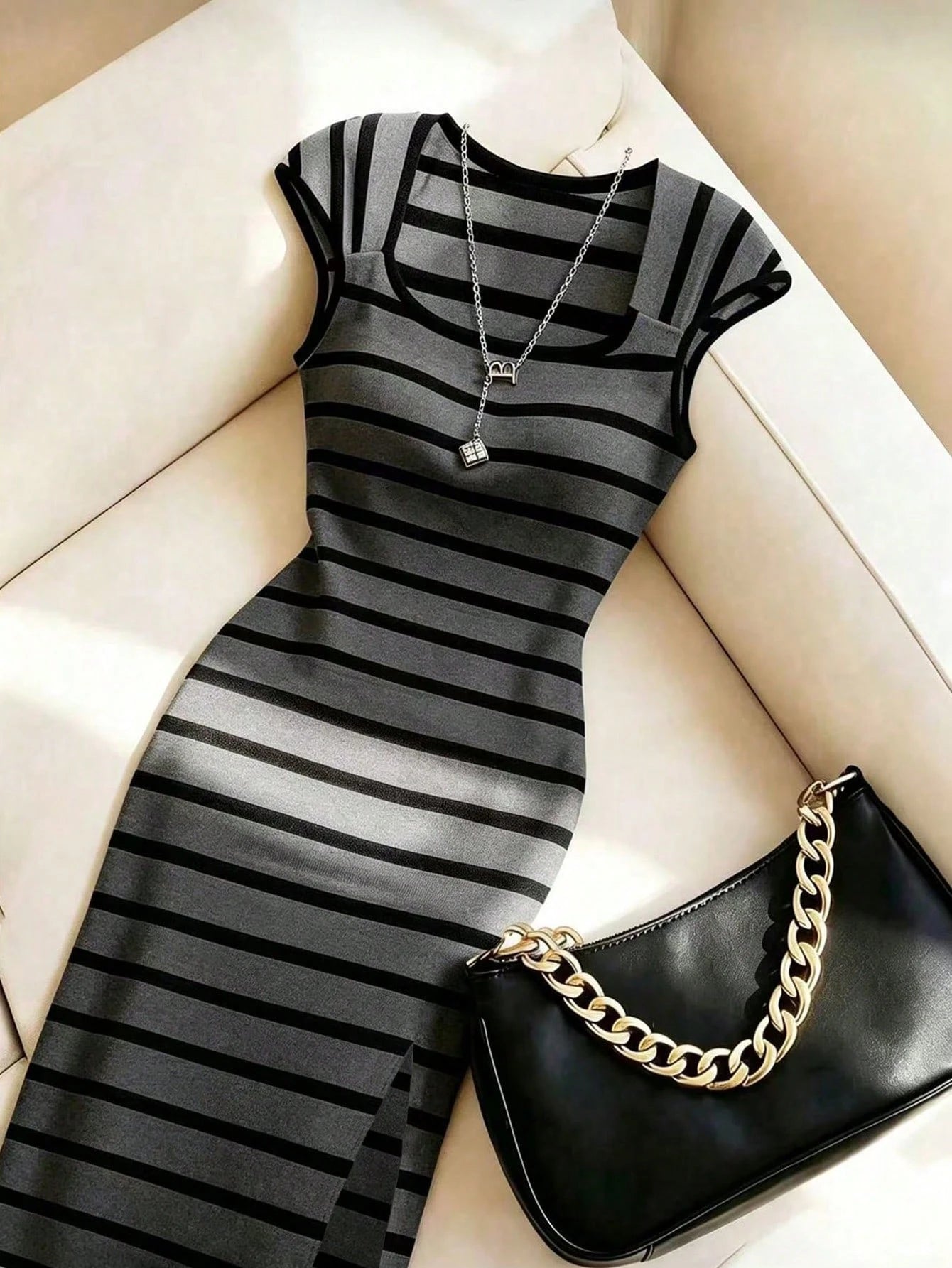 Franclia Women's Elegant Fitted Striped Square Neck Slimming Colorblock Commuter Office Dress, Spring/Summer, Bodycon, Slit, Stretchy
