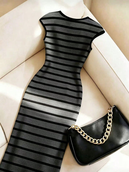 Franclia Women's Elegant Fitted Striped Square Neck Slimming Colorblock Commuter Office Dress, Spring/Summer, Bodycon, Slit, Stretchy