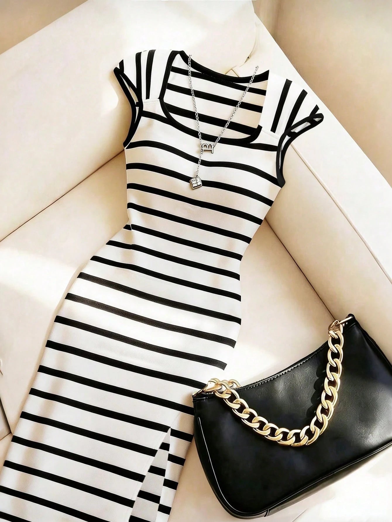 Franclia Women's Elegant Fitted Striped Square Neck Slimming Colorblock Commuter Office Dress, Spring/Summer, Bodycon, Slit, Stretchy