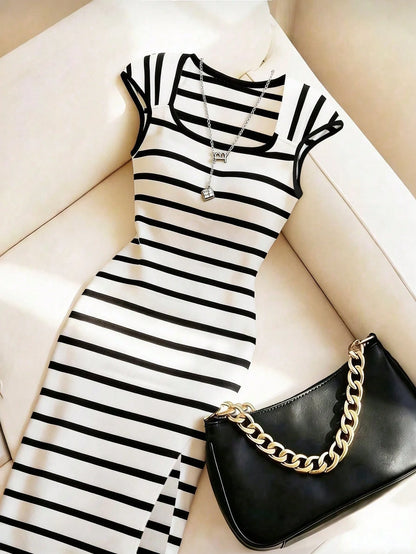 Franclia Women's Elegant Fitted Striped Square Neck Slimming Colorblock Commuter Office Dress, Spring/Summer, Bodycon, Slit, Stretchy