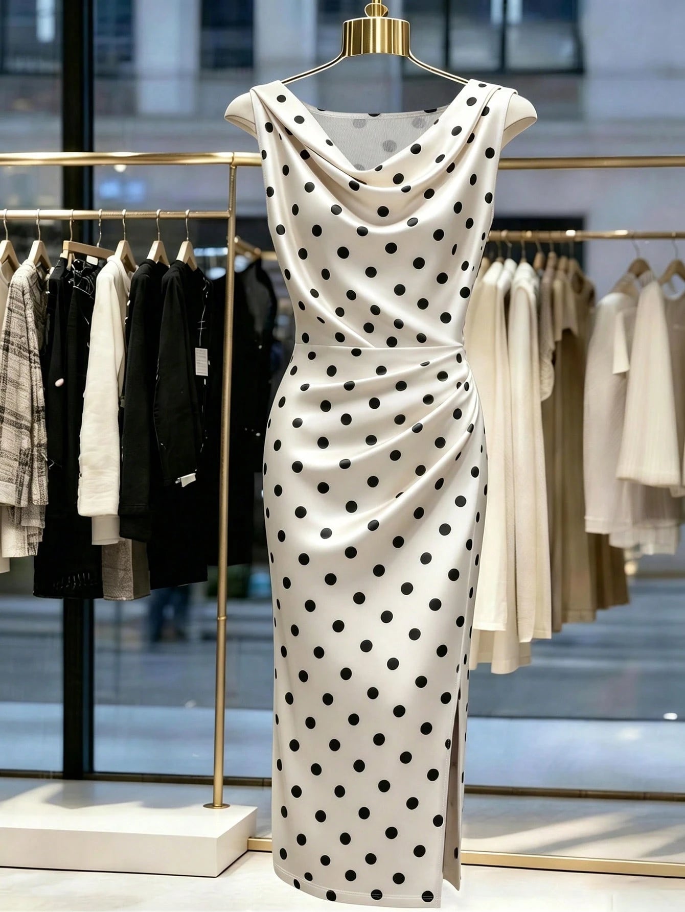 Franclia Women's Elegant Romantic Satin Polka Dot Print Sleeveless Pleated Dress, Suitable For Spring/Summer Outings And Dates