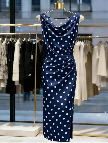 Franclia Women's Elegant Romantic Satin Polka Dot Print Sleeveless Pleated Dress, Suitable For Spring/Summer Outings And Dates