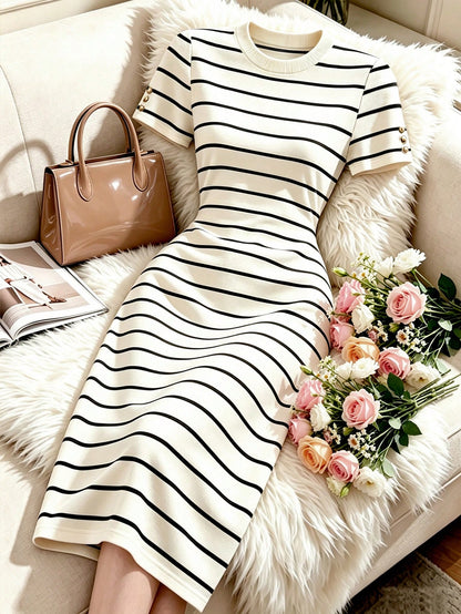 Franclia Women's New Black & White Striped Round Neck Short Sleeve Bodycon Midi Knit Dress