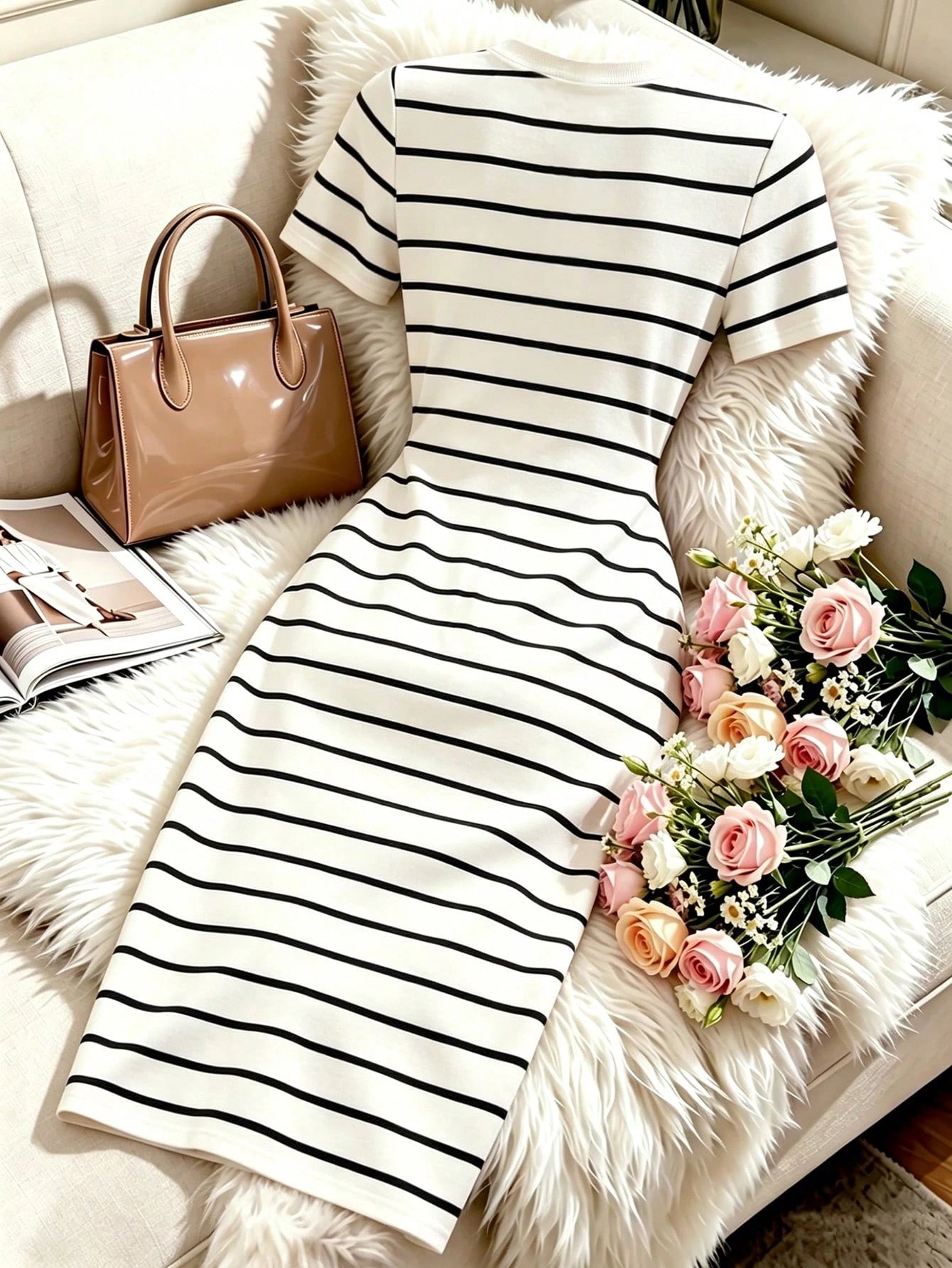 Franclia Women's New Black & White Striped Round Neck Short Sleeve Bodycon Midi Knit Dress