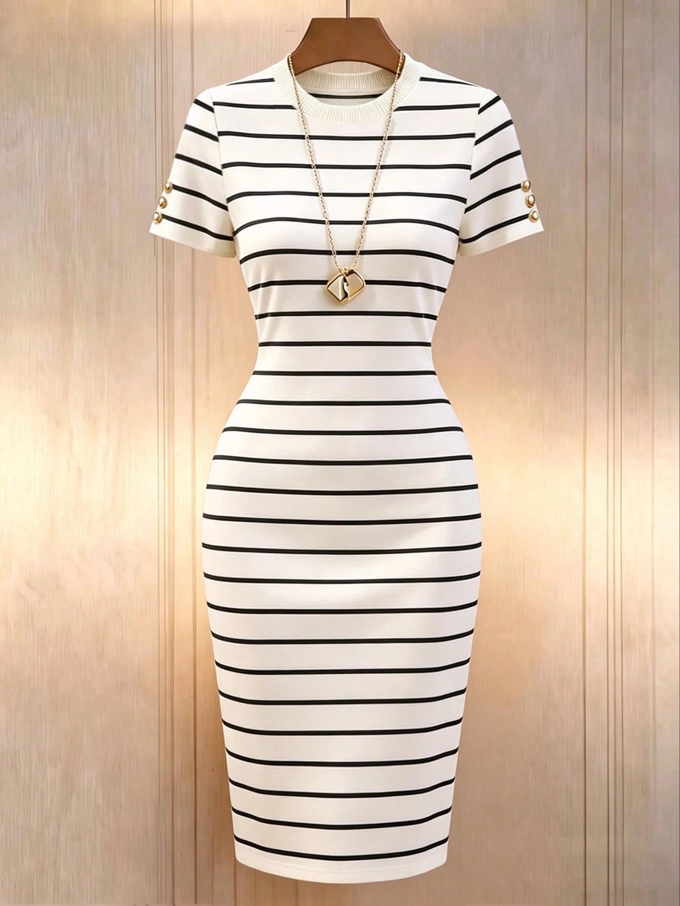 Franclia Women's New Black & White Striped Round Neck Short Sleeve Bodycon Midi Knit Dress