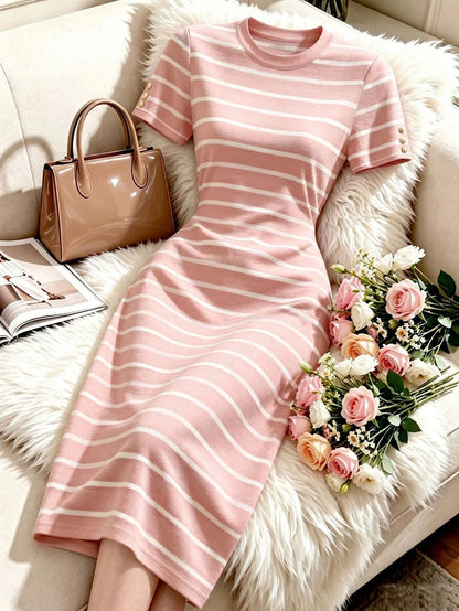 Franclia Women's New Black & White Striped Round Neck Short Sleeve Bodycon Midi Knit Dress