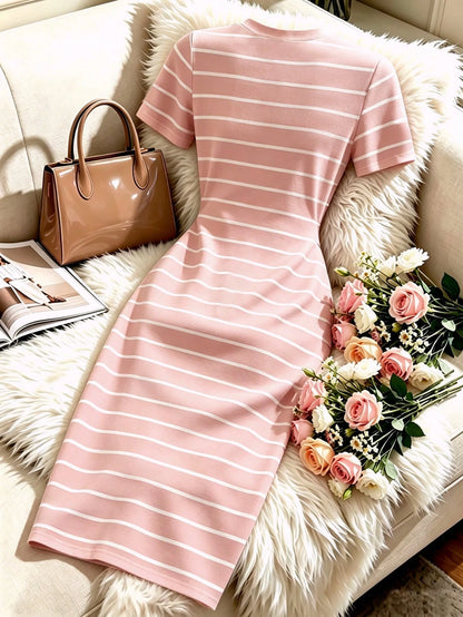 Franclia Women's New Black & White Striped Round Neck Short Sleeve Bodycon Midi Knit Dress