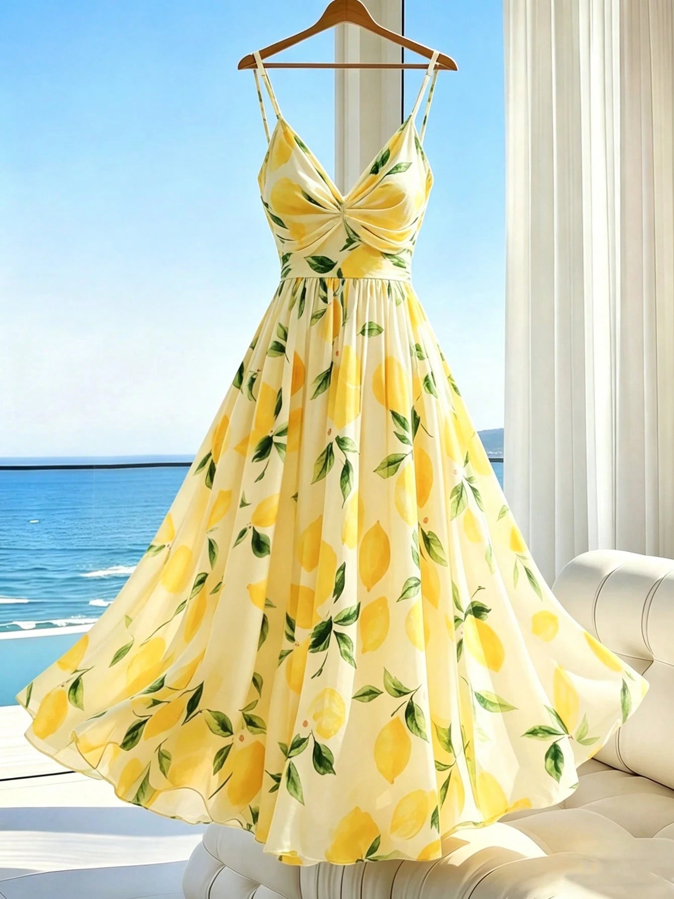 Franclia Women's Pale Yellow Lemon Floral Print Spaghetti Strap Maxi Dress,Tropical Summer V-Neck A-Line Holiday Vacation Beach Outfits,Elegant