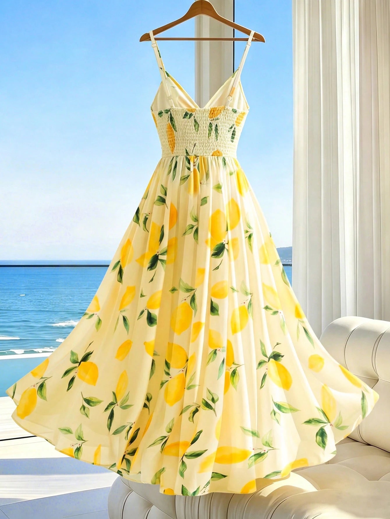 Franclia Women's Pale Yellow Lemon Floral Print Spaghetti Strap Maxi Dress,Tropical Summer V-Neck A-Line Holiday Vacation Beach Outfits,Elegant