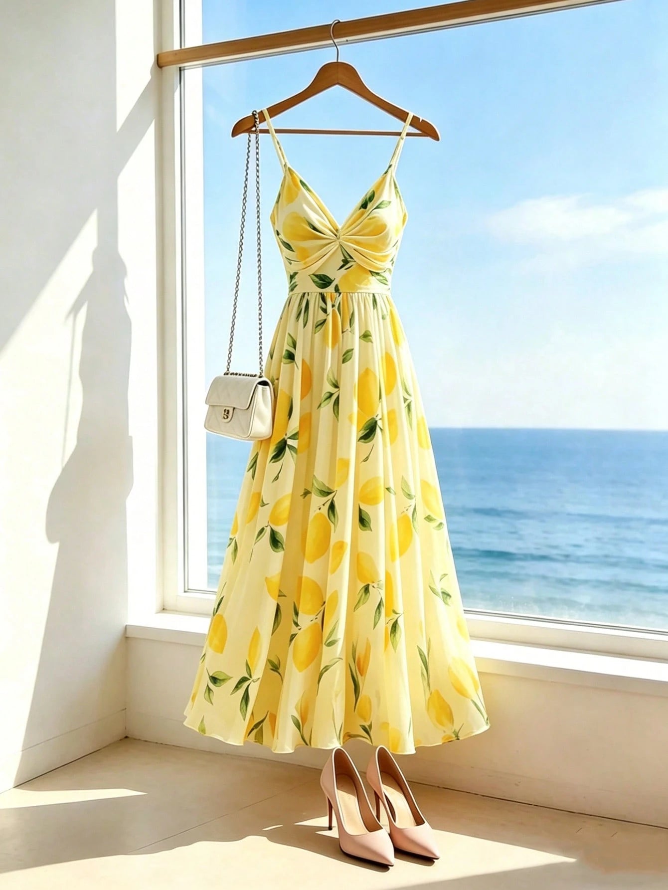 Franclia Women's Pale Yellow Lemon Floral Print Spaghetti Strap Maxi Dress,Tropical Summer V-Neck A-Line Holiday Vacation Beach Outfits,Elegant