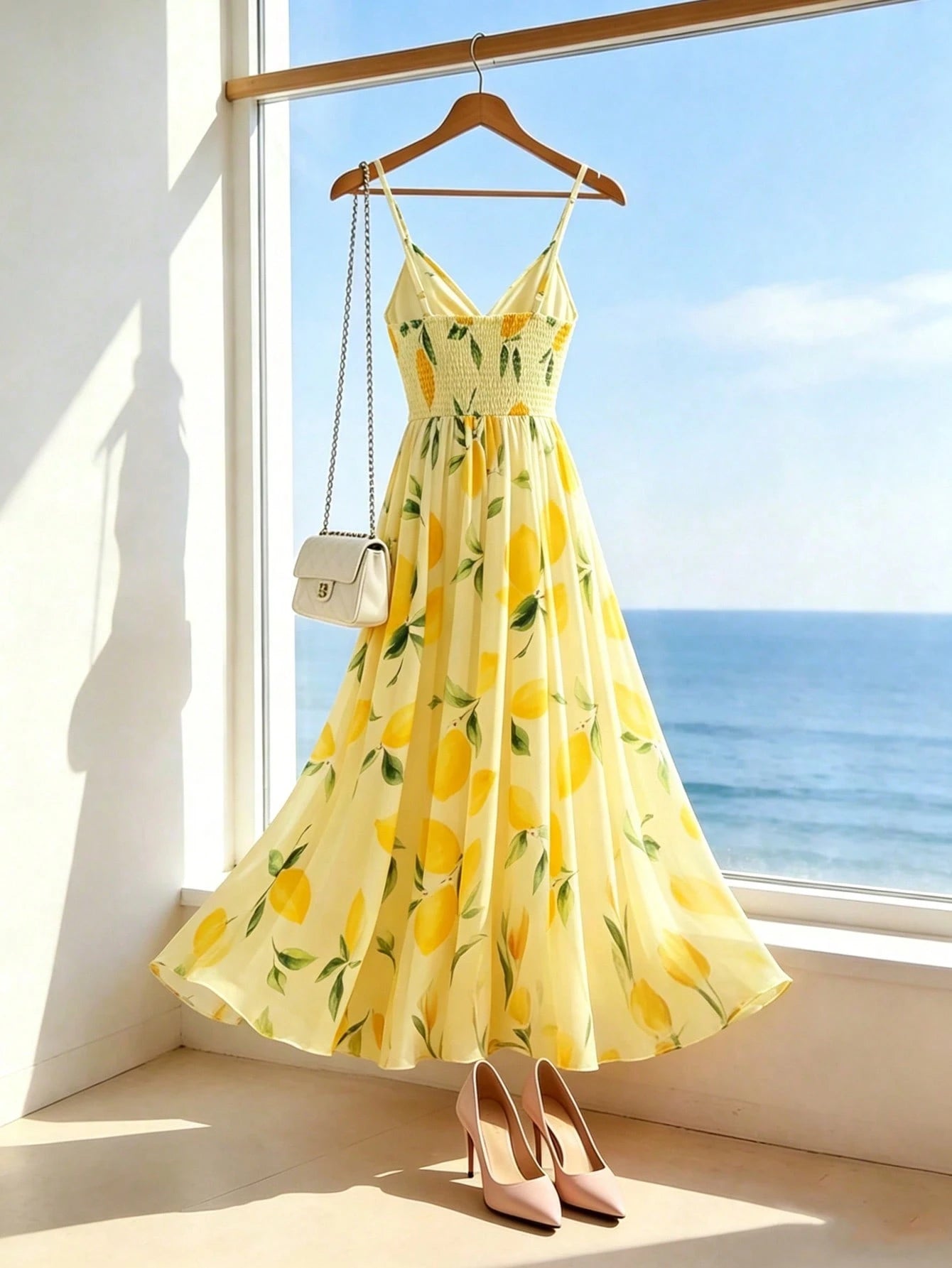 Franclia Women's Pale Yellow Lemon Floral Print Spaghetti Strap Maxi Dress,Tropical Summer V-Neck A-Line Holiday Vacation Beach Outfits,Elegant
