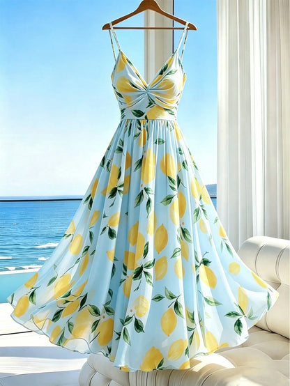 Franclia Women's Pale Yellow Lemon Floral Print Spaghetti Strap Maxi Dress,Tropical Summer V-Neck A-Line Holiday Vacation Beach Outfits,Elegant