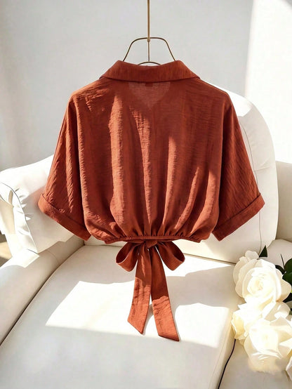 Franclia Women's Plus Size Top, Loose Fit Women's Blouse, Shirt Collar Drop Shoulder Sleeve Waist Tie Short Blouse, Casual Plus Size Top