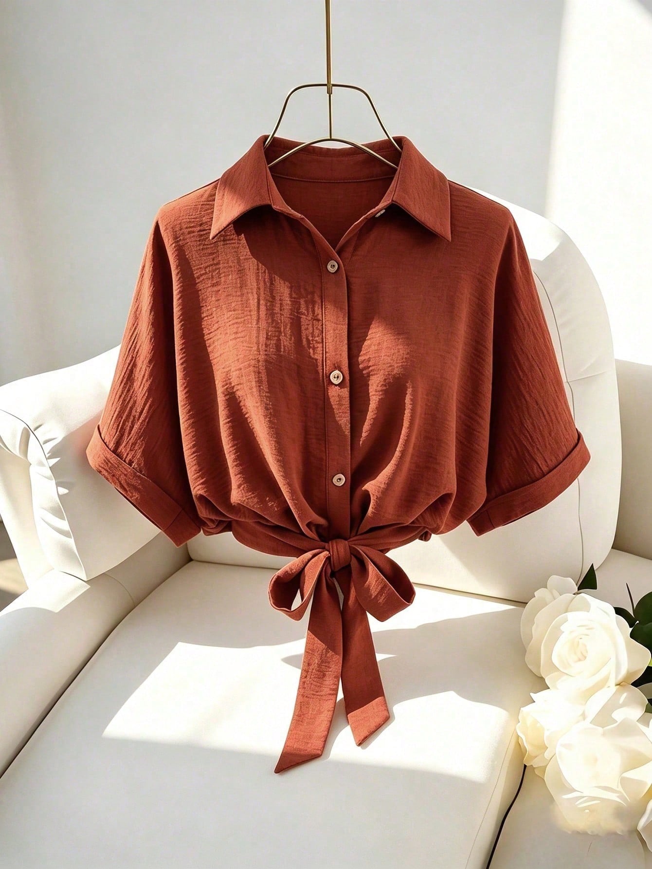 Franclia Women's Plus Size Top, Loose Fit Women's Blouse, Shirt Collar Drop Shoulder Sleeve Waist Tie Short Blouse, Casual Plus Size Top