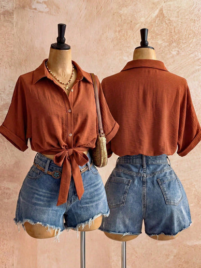 Franclia Women's Plus Size Top, Loose Fit Women's Blouse, Shirt Collar Drop Shoulder Sleeve Waist Tie Short Blouse, Casual Plus Size Top