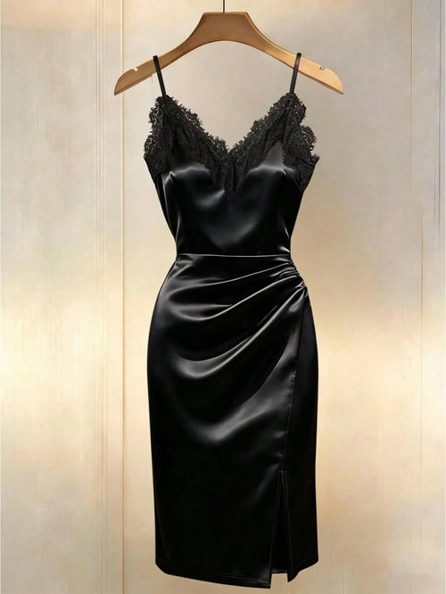 Franclia Women's Summer Elegant Black Satin Dress,V-Neck Sleeveless Mid-Length A-Line Date Night Party Outfit,Ruffle Trim Asymmetric Hem Slit Holiday