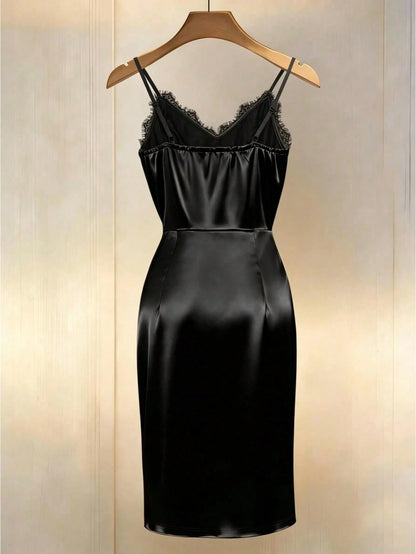 Franclia Women's Summer Elegant Black Satin Dress,V-Neck Sleeveless Mid-Length A-Line Date Night Party Outfit,Ruffle Trim Asymmetric Hem Slit Holiday