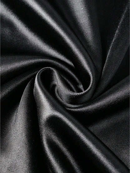Franclia Women's Summer Elegant Black Satin Dress,V-Neck Sleeveless Mid-Length A-Line Date Night Party Outfit,Ruffle Trim Asymmetric Hem Slit Holiday