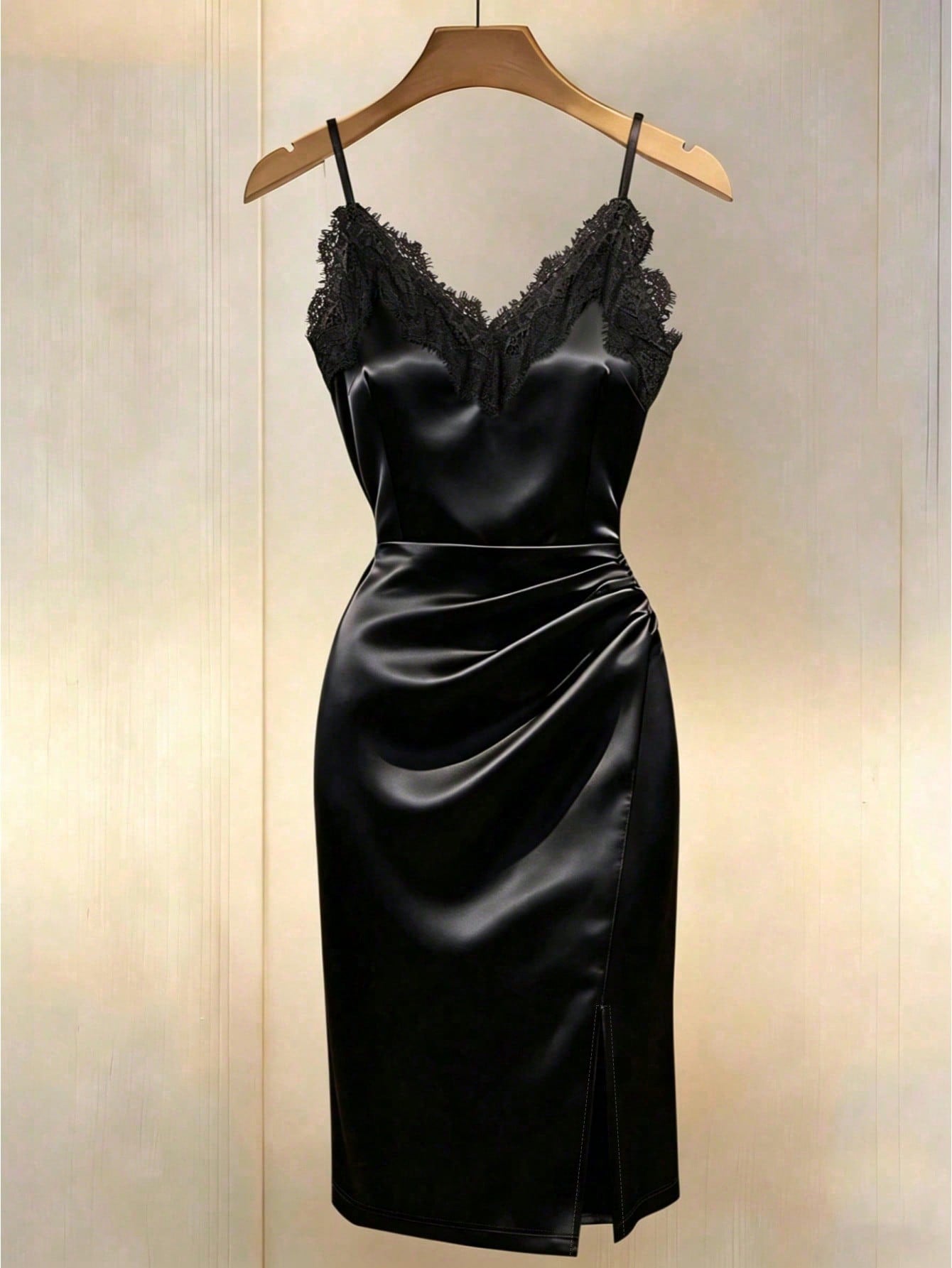Franclia Women's Summer Elegant Black Satin Dress,V-Neck Sleeveless Mid-Length A-Line Date Night Party Outfit,Ruffle Trim Asymmetric Hem Slit Holiday