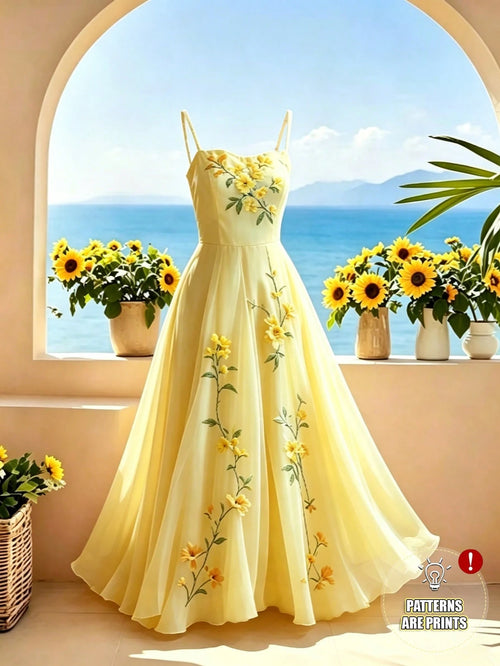 Franclia Women's Summer New Gentle Style Yellow Spaghetti Strap Dress, Casual Vacation Style