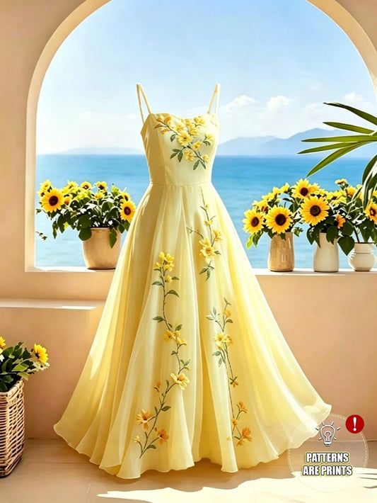 Franclia Women's Summer New Gentle Style Yellow Spaghetti Strap Dress, Casual Vacation Style