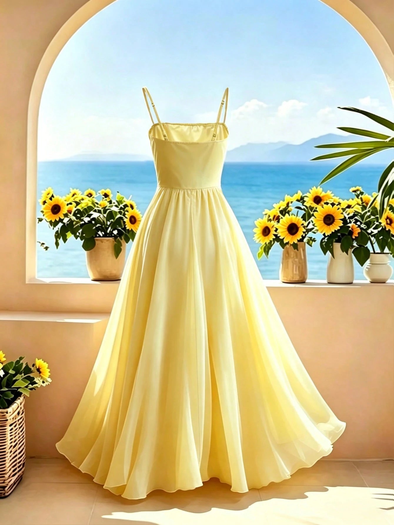 Franclia Women's Summer New Gentle Style Yellow Spaghetti Strap Dress, Casual Vacation Style