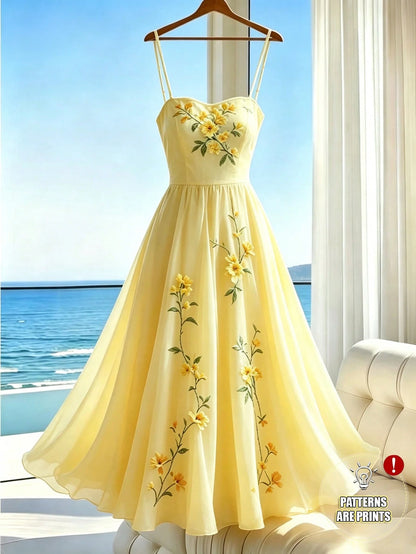 Franclia Women's Summer New Gentle Style Yellow Spaghetti Strap Dress, Casual Vacation Style