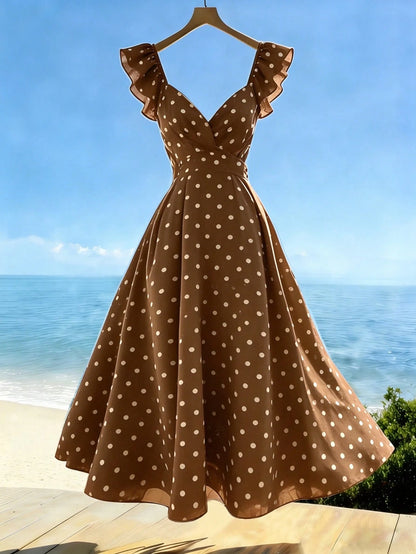 Franclia Women's V-Neck Ruffle Sleeve Pleated Waist Backless Tie Polka Dot Print Dress, Casual Vacation Dress For Spring/Summer
