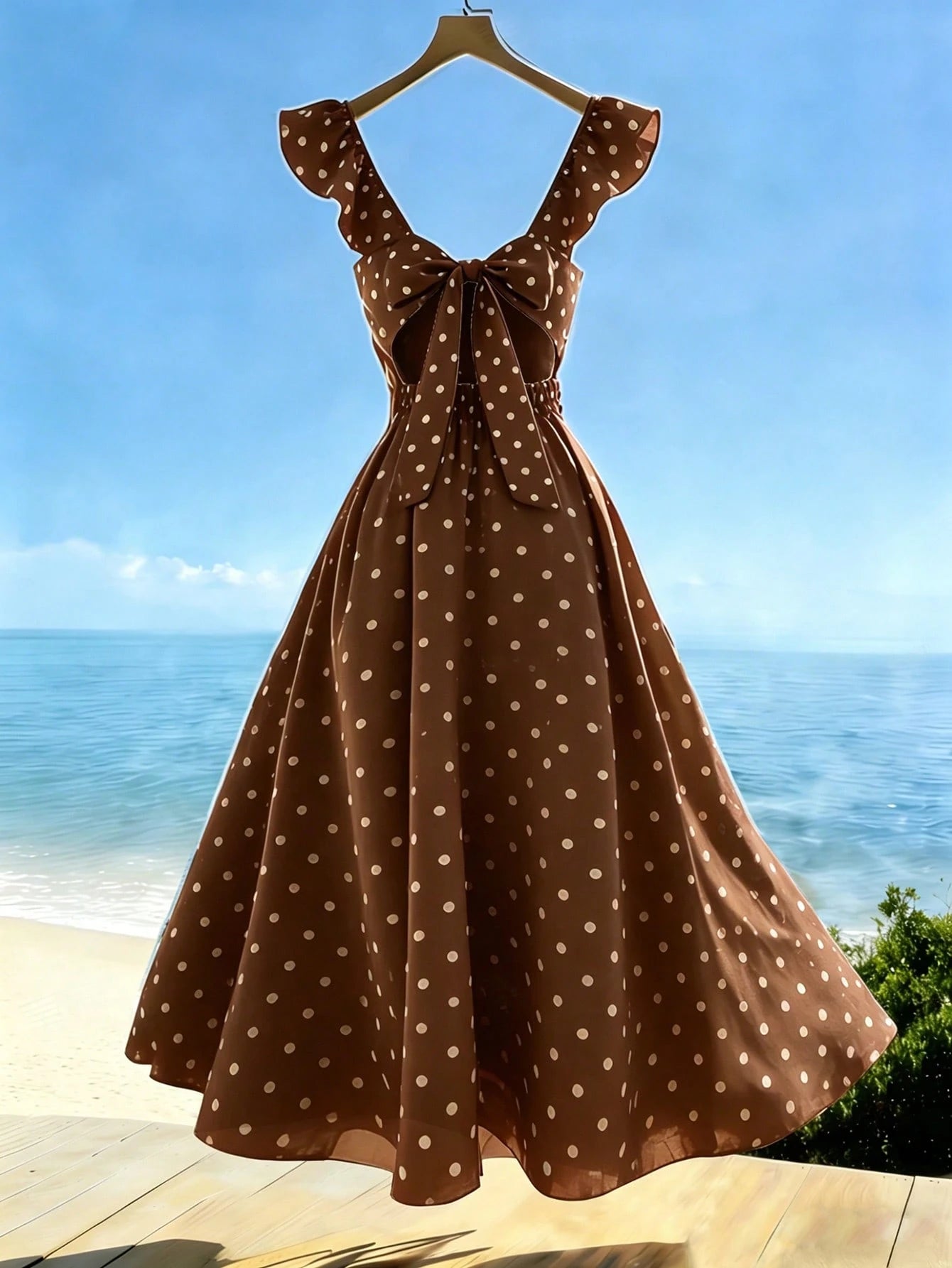 Franclia Women's V-Neck Ruffle Sleeve Pleated Waist Backless Tie Polka Dot Print Dress, Casual Vacation Dress For Spring/Summer