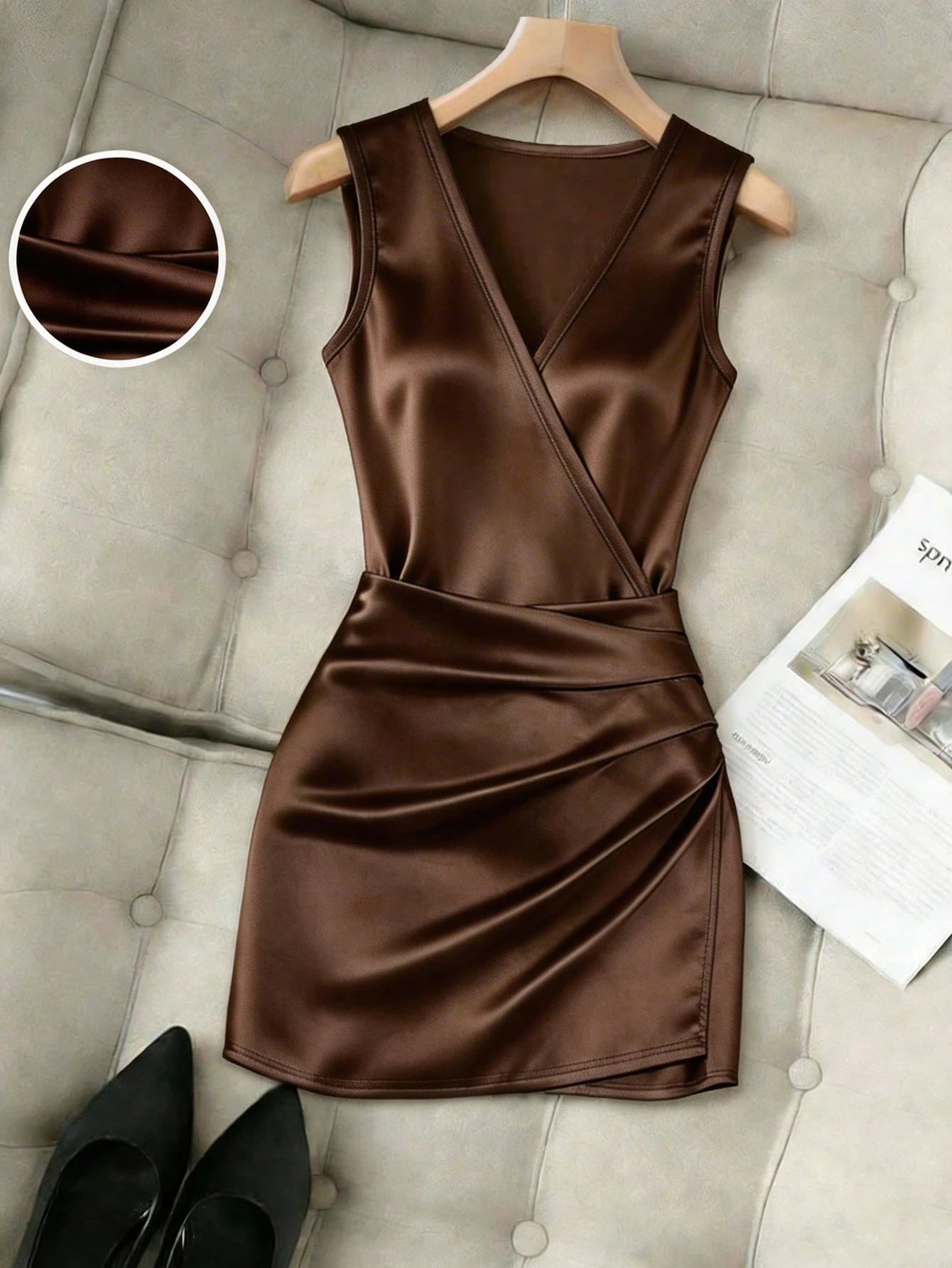 Franclia Women Summer Coffee Brown Satin Crossover V-Neck Sleeveless Pleated Bodycon Dress, Autumn Seksi Chic Date Night, Elegant Asymmetric Party Wear
