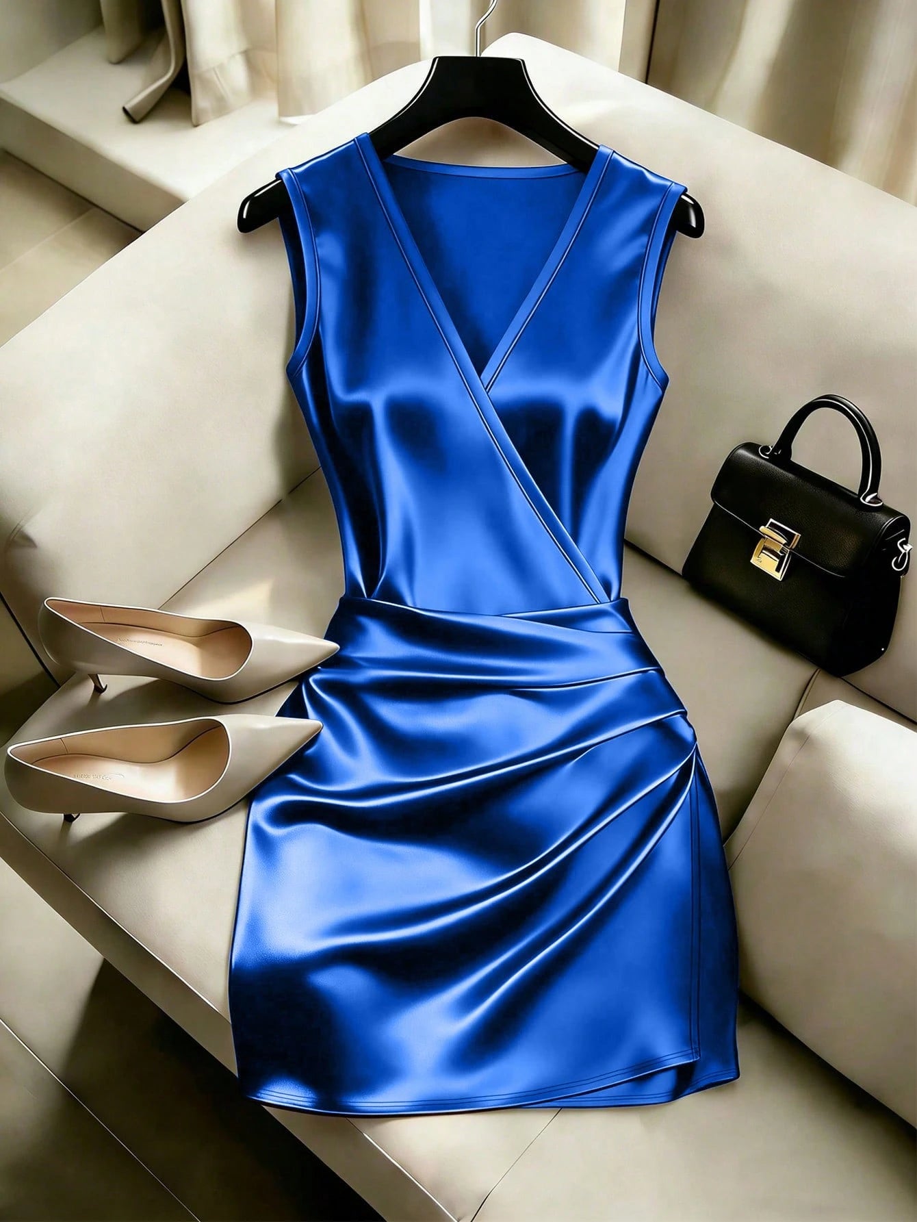 Franclia Women Summer Coffee Brown Satin Crossover V-Neck Sleeveless Pleated Bodycon Dress, Autumn Seksi Chic Date Night, Elegant Asymmetric Party Wear