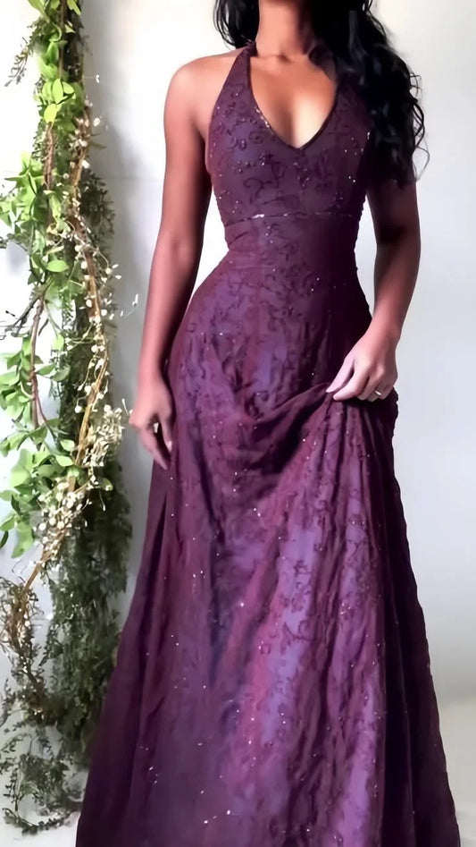 Vintage purple lace mermaid prom dress with halter neckline and floor-length skirt