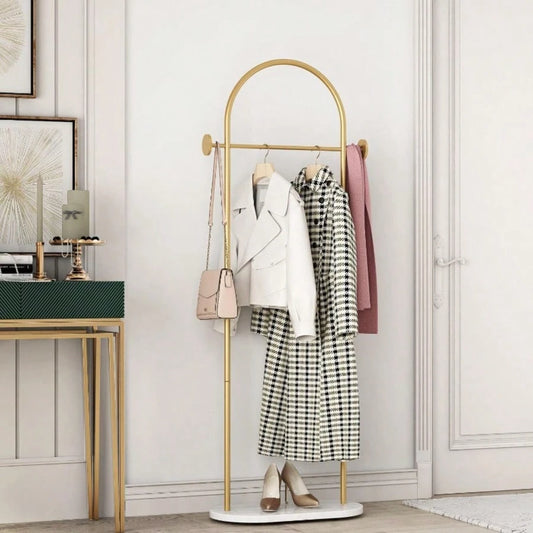 Free-Standing Gold Hanger With Shelves, Gold Coat Rack With Marble Base, And Hanger With Umbrella Rack For Porches, Hallways, Offices Or Bedrooms