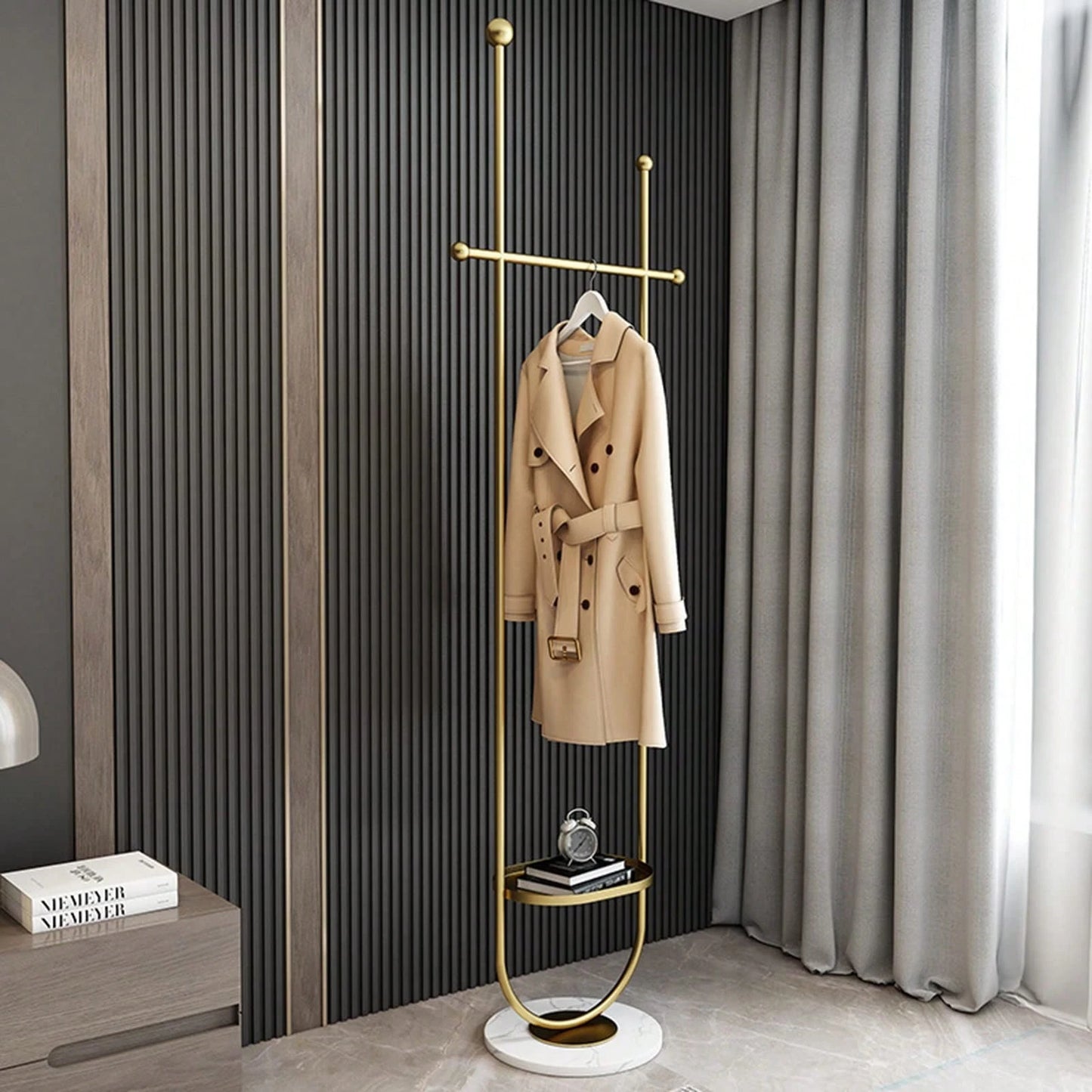 Freestanding Gold Clothes Hanger With Marble Base, Elegant Home Coat Rack Tree, Practical Storage Stand For Entrance Hallway Bedroom Workspace