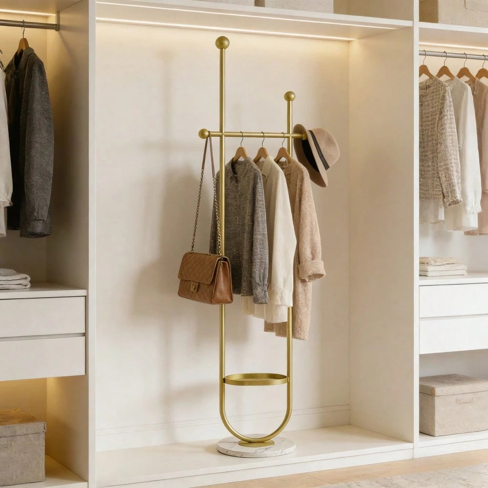 Freestanding Gold Clothes Hanger With Marble Base, Elegant Home Coat Rack Tree, Practical Storage Stand For Entrance Hallway Bedroom Workspace
