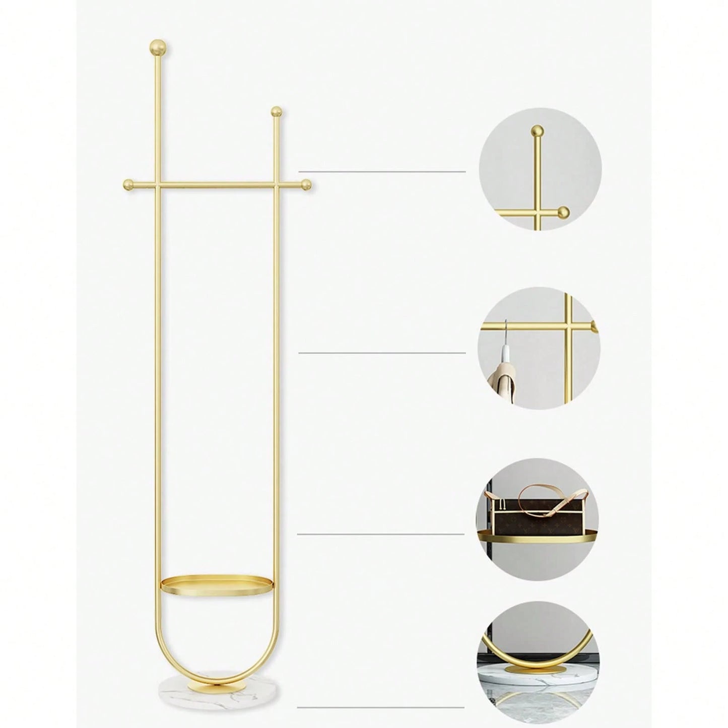 Freestanding Gold Clothes Hanger With Marble Base, Elegant Home Coat Rack Tree, Practical Storage Stand For Entrance Hallway Bedroom Workspace