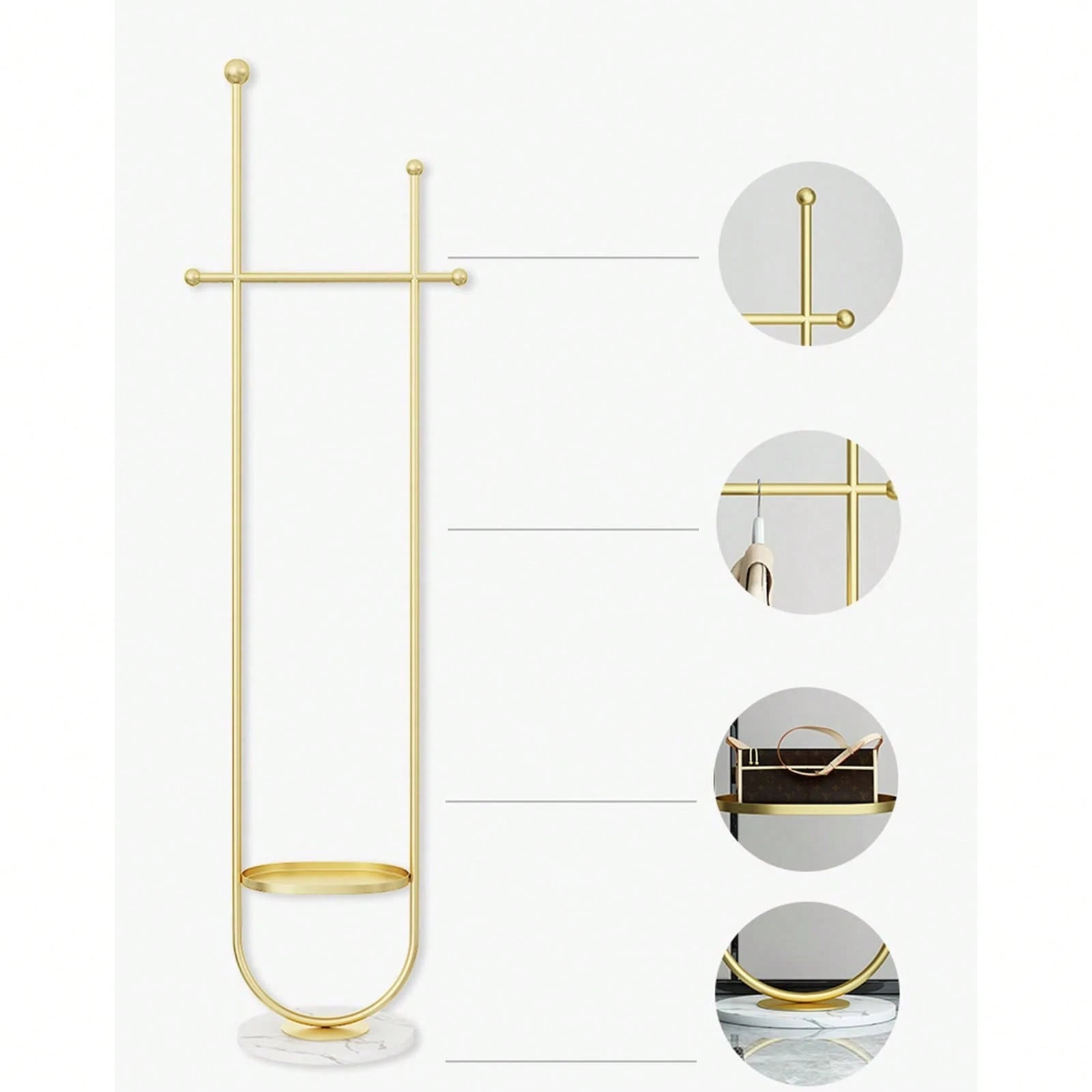 Freestanding Gold Clothes Hanger With Marble Base, Elegant Home Coat Rack Tree, Practical Storage Stand For Entrance Hallway Bedroom Workspace