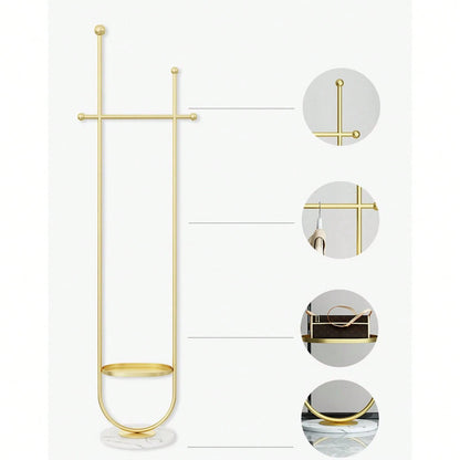 Freestanding Gold Clothes Hanger With Marble Base, Elegant Home Coat Rack Tree, Practical Storage Stand For Entrance Hallway Bedroom Workspace
