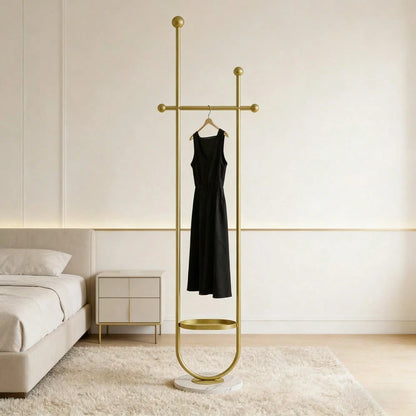 Freestanding Gold Clothes Hanger With Marble Base, Elegant Home Coat Rack Tree, Practical Storage Stand For Entrance Hallway Bedroom Workspace