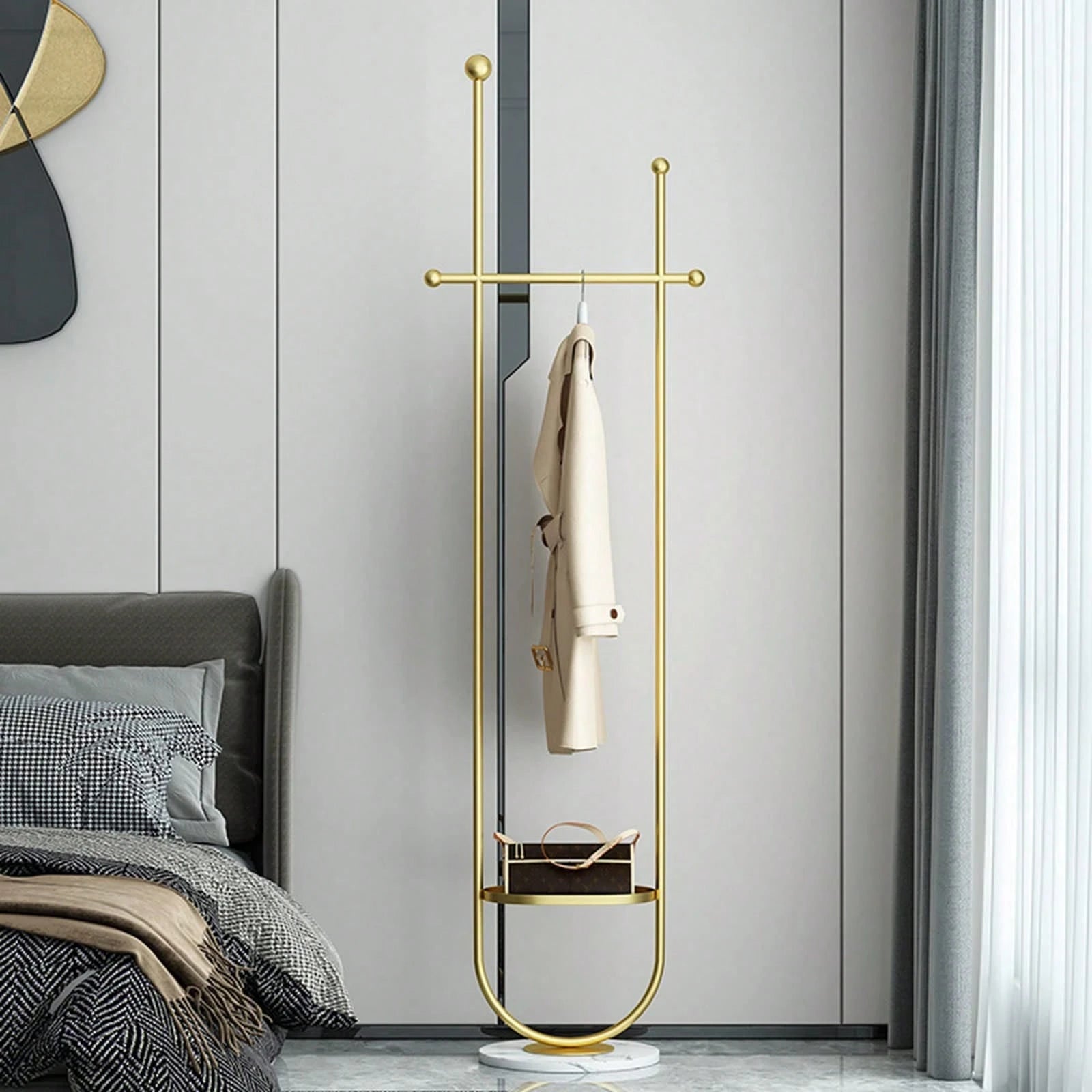 Freestanding Gold Clothes Hanger With Marble Base, Elegant Home Coat Rack Tree, Practical Storage Stand For Entrance Hallway Bedroom Workspace