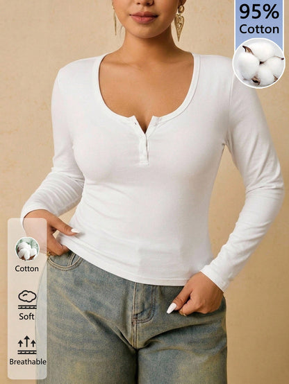 Freevana Casual Minimalist Plus Size Women's White Round Neck Button-Up Long Sleeve T-Shirt, Suitable For Spring And Autumn, White Top Fall