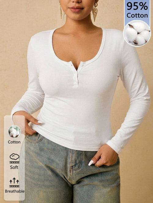 Freevana Casual Minimalist Plus Size Women's White Round Neck Button-Up Long Sleeve T-Shirt, Suitable For Spring And Autumn, White Top Fall