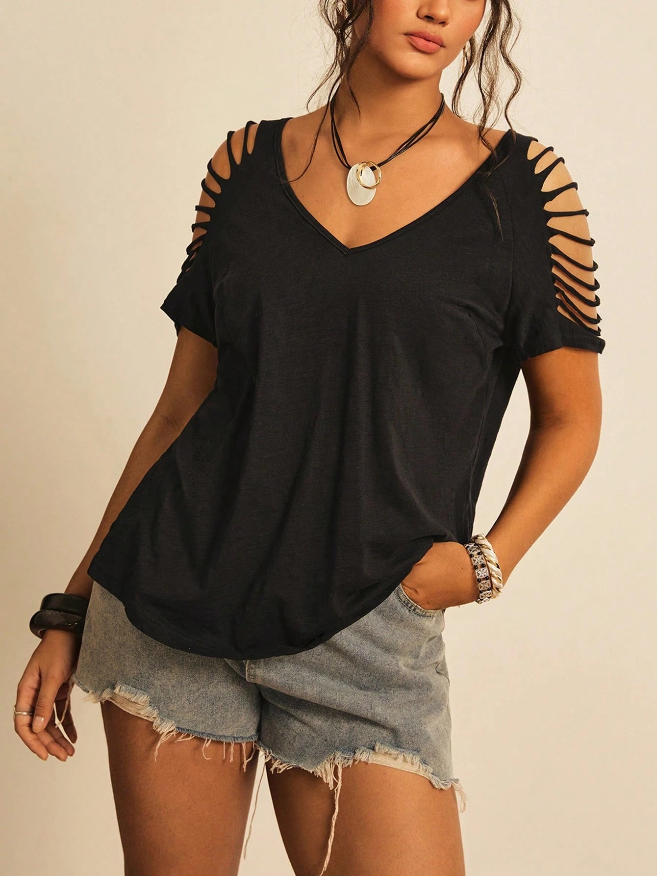 Freevana Plus Cut Out Raglan Sleeve Tee