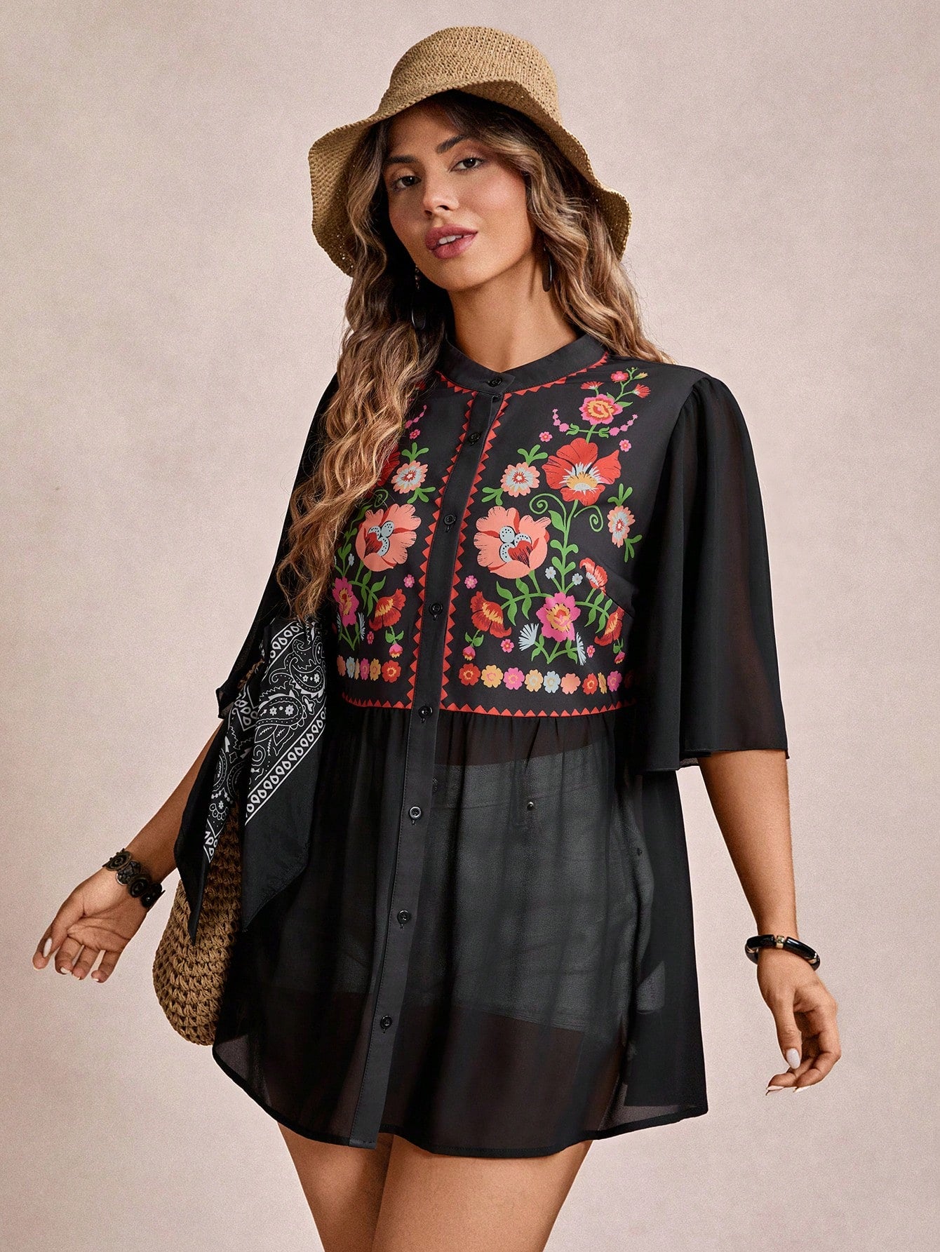 Freevana Plus Size Black Summer Boho Vacation Holiday Floral Print Button Front Loose Blouse,Women's Vintage Graphic Top,Western School Beach Shirt
